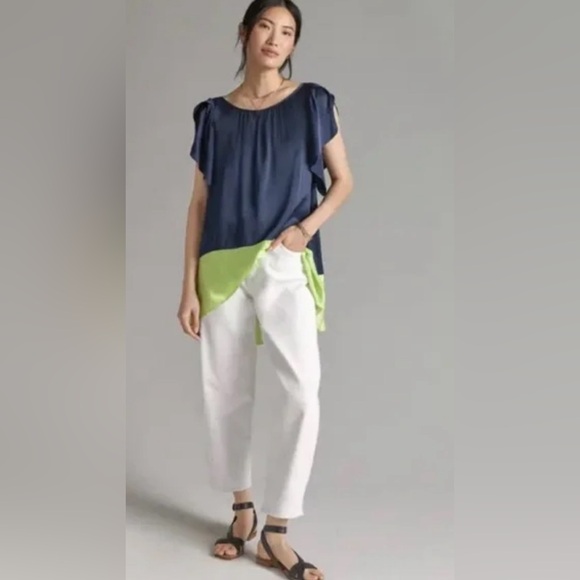 Anthropologie Maeve Satin-like Color Block Tunic Navy and Green sz MEDIUM - Picture 2 of 8